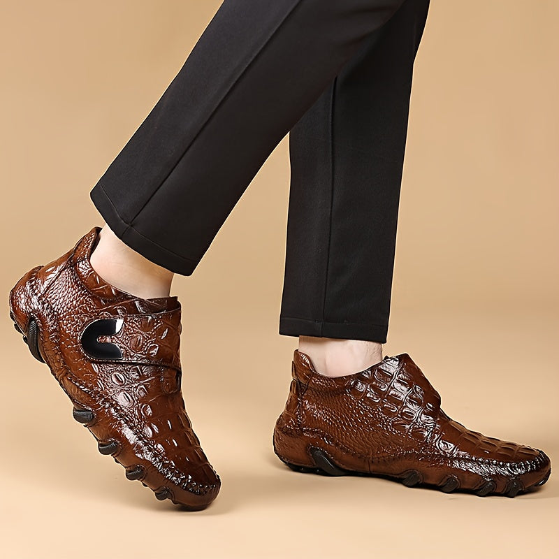Men's Top-Grain Ankle Boots with Non-Slip Rubber Sole & Hook-and-Loop Closure - Glossy Black Crocodile-like Texture, Round Toe - PU Cushioned - Urban Streetwear, Outdoor Boots (2 Colors: Black/Brown) - Heavy-Duty Casual