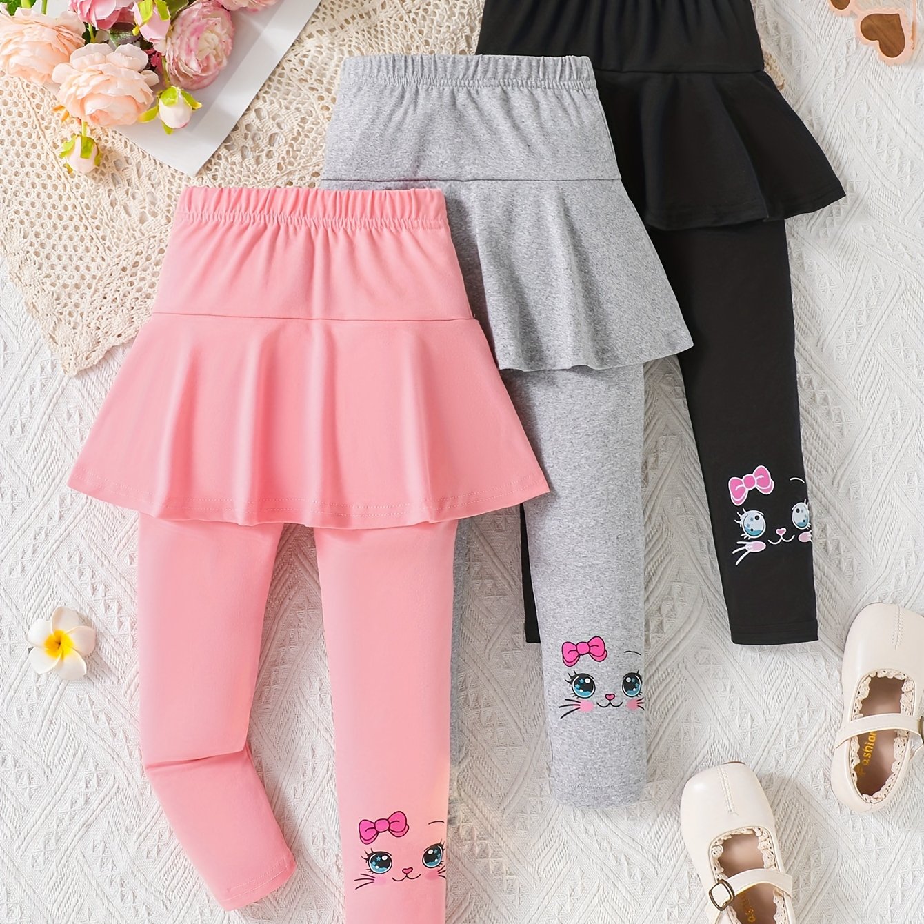 Casual Dress Pants with a Cat Pattern for Young Girls in Spring And Autumn (Set of 3), a Gift for My Daughter.
