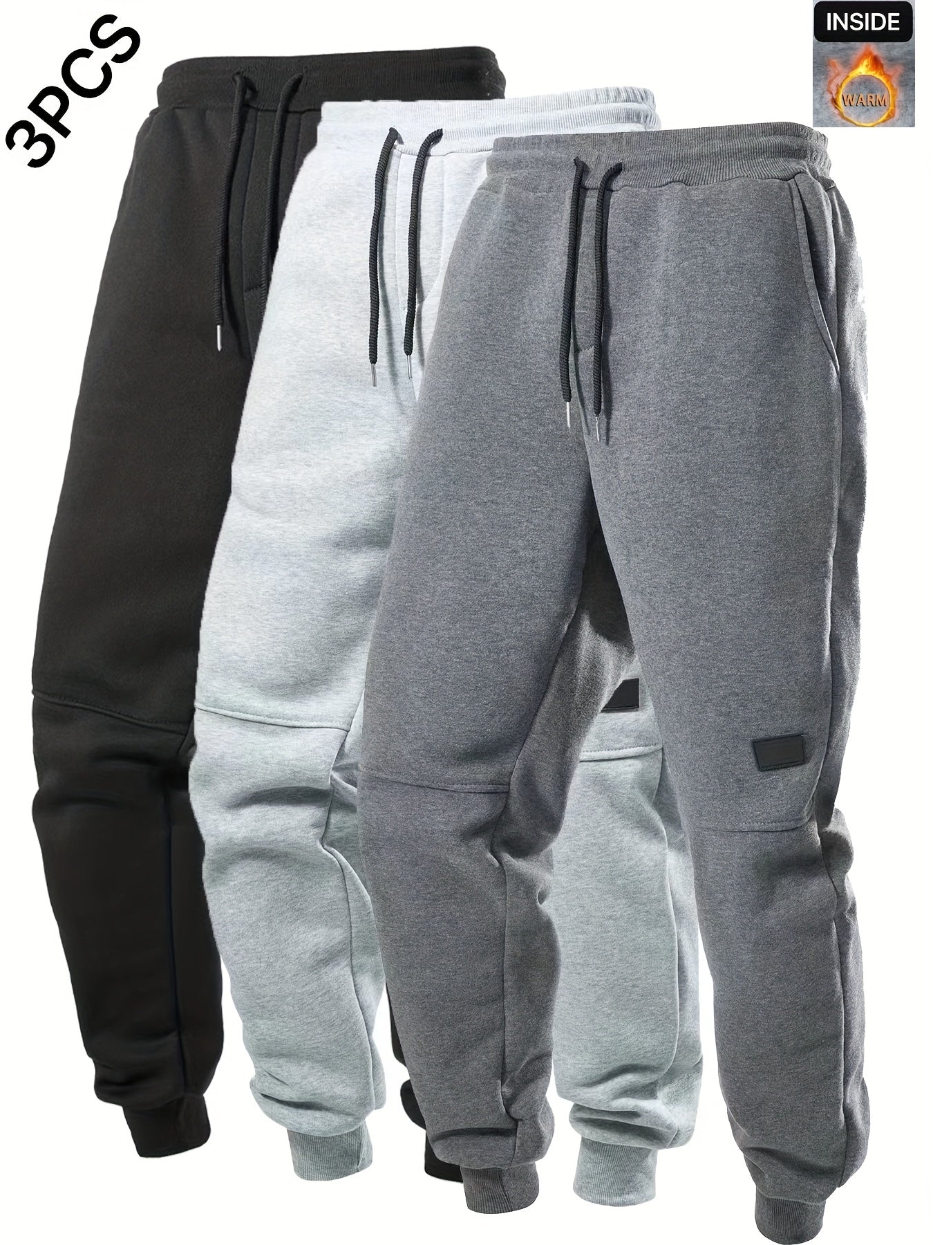 3pcs Men'S Joggers with Elastic Waistband & Drawstring - Casual Solid Color Sweatpants, Regular Fit, Knee-Length, Comfortable for Fall/Winter, Jogging Pants, Jogging P, Everyday Sweatpants, Durable Sweatpants, Winter Joggers,