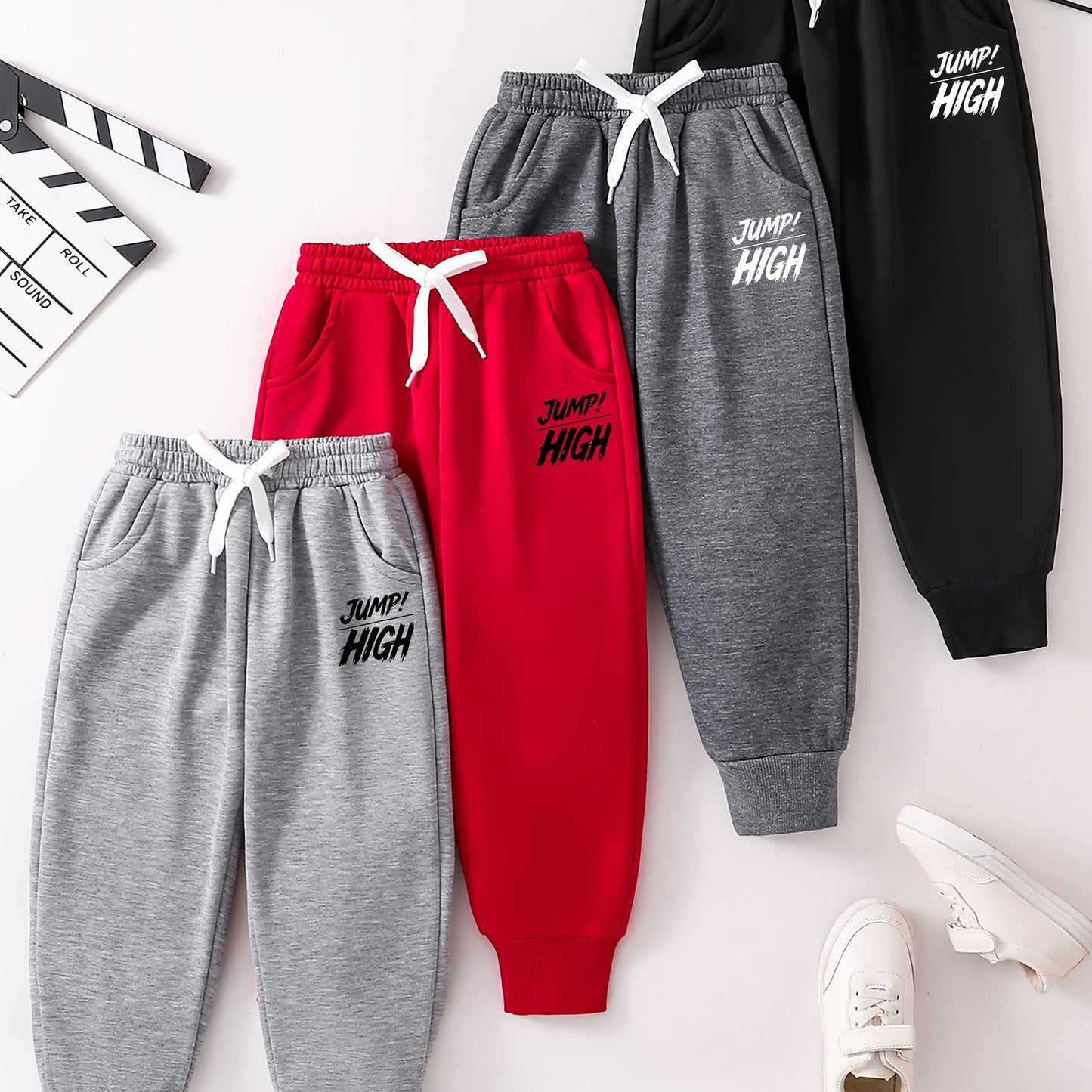 4pcs Boys' Thermal Long Pants Set - High Quality & Machine Washable 100% Polyester School Pants with Elastic Waist & Pockets, Warm Winter Trousers for 4-10 Years (Light Gray, Red, Dark Gray, Black) - Casual Athletic Wear for