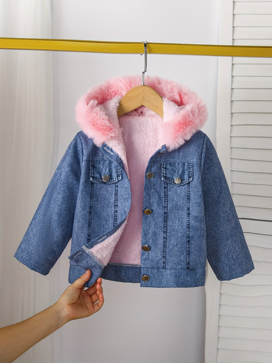 [Fleece-Lined | Hooded] Fleece-Lined Hooded Jacket | Girls' Winter Coat with Fake Pockets & Button Closure, 4-7Y