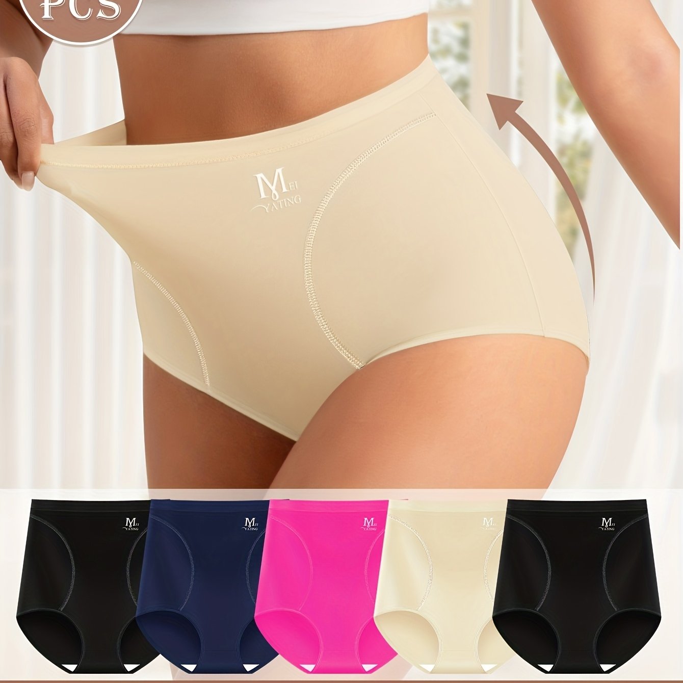 5pcs High-waisted Tummy Tuck Ice Sliky Fiber Fabric Seamless Women's Panties Briefs Comfortable Fit Shaping and Butt-lifting Thin Style for Summer
