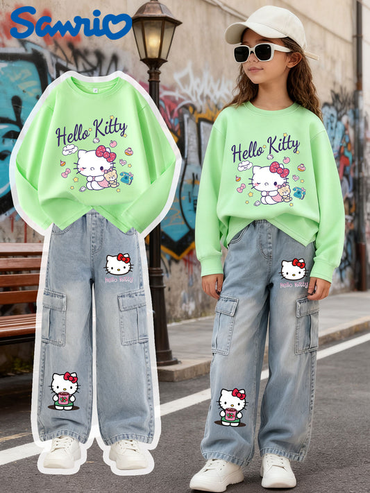 (Top and Pants Only) 2pcs Girls' Casual Outfit, Sanrio Hello Kitty Print, Stylish Versatile T-Shirt and Wide-Leg Cargo Jeans, Street Fashion Style, Party Gift, Perfect for Outdoor, Streetwear Outfit, Outdoor Clothing, Trendy