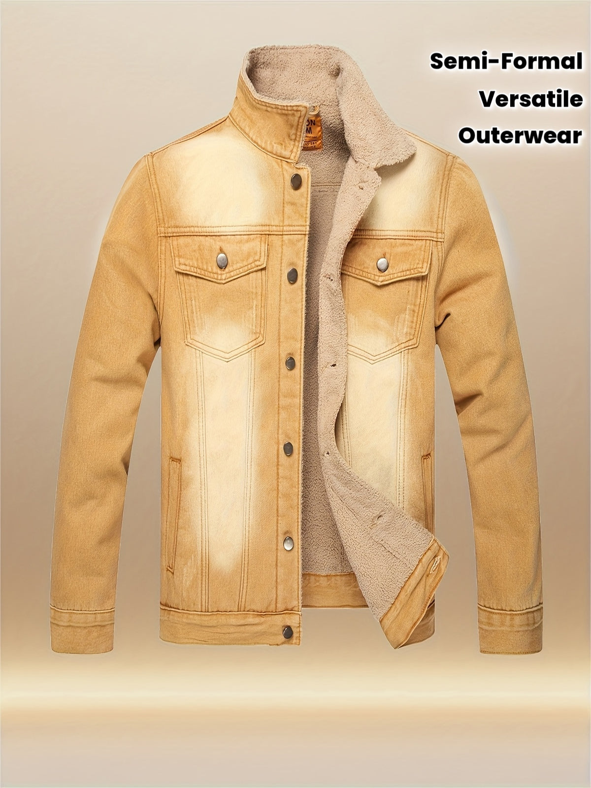 Men'S Slim Fit Heavyweight 100gsm Plush-Lined Faux Denim Jacket - Classic Yellow Washed Vintage Style Lapel Collar & Single-Button Closure, Winter Warmth for Casual & Semi-Formal Outfits, Durable Lining, Versatile Cold-Weathe