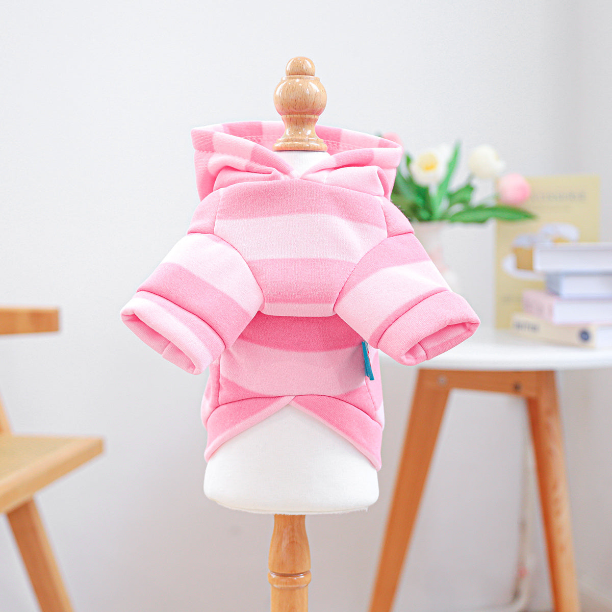 1pc Pink & White Striped Women's Style Puppy Hoodie Jacket for Small/Medium Dogs - Full-Zip Hooded Sweater, Soft Warm Winter Outfit, 100% Polyester Knit Pet Clothing for Pomeranian, Chihuahua, Shih Tzu