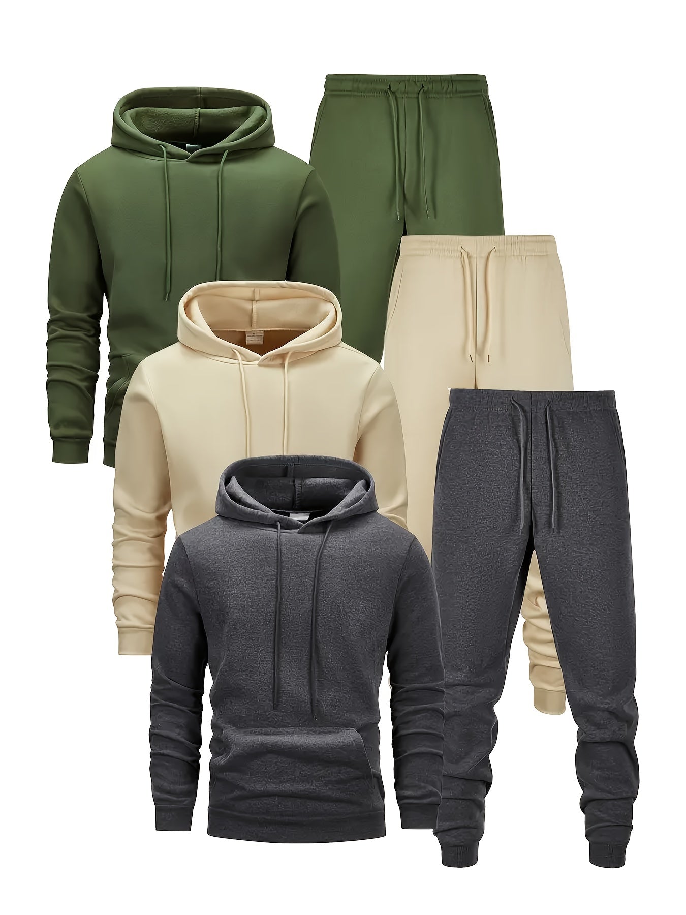 6pcs Men's Solid Color Hooded Sweater & Jogger Pants Matching Tracksuit - Thermal Long Sleeve Athletic Wear, Elastic Waist Gym Suit for Outdoor Training, Yoga,, Casual Winter Spring Fall Outfit (Machine Washable)