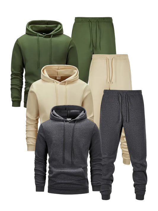 6pcs Men's Solid Color Hooded Sweater & Jogger Pants Matching Tracksuit - Thermal Long Sleeve Athletic Wear, Elastic Waist Gym Suit for Outdoor Training, Yoga,, Casual Winter Spring Fall Outfit (Machine Washable)