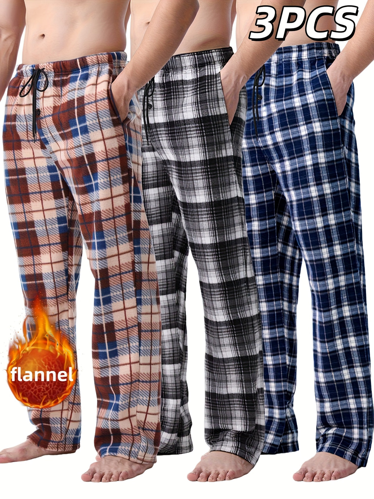 3pcs Men'S Brushed Fleece Flannel Pants with Checkered Print, Elastic Waistband & Side Pockets - Relaxed Fit Winter Sleepwear & Loungewear, Red/Black/White Plaid Design, Soft Warm Pajamas for Home, Casual Outfits, Versatile f
