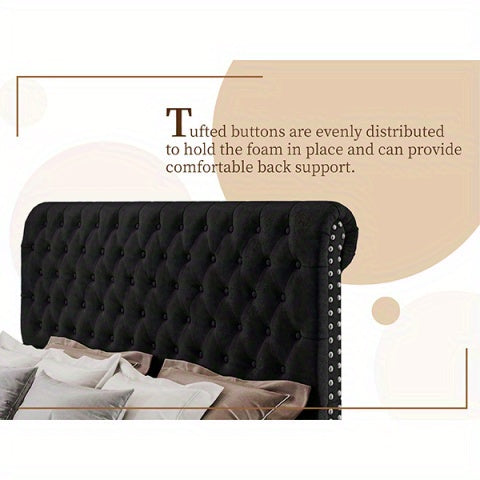 PAPABABE Upholstered Platform Bed Frame with 52.8" Sleigh Headboard - Button Tufted Design, No Box Spring Required, Easy Assembly, Durable Hardwood & Polyester, Classic Style for Modern Bedrooms, Bedroom Furniture, Elegant Be