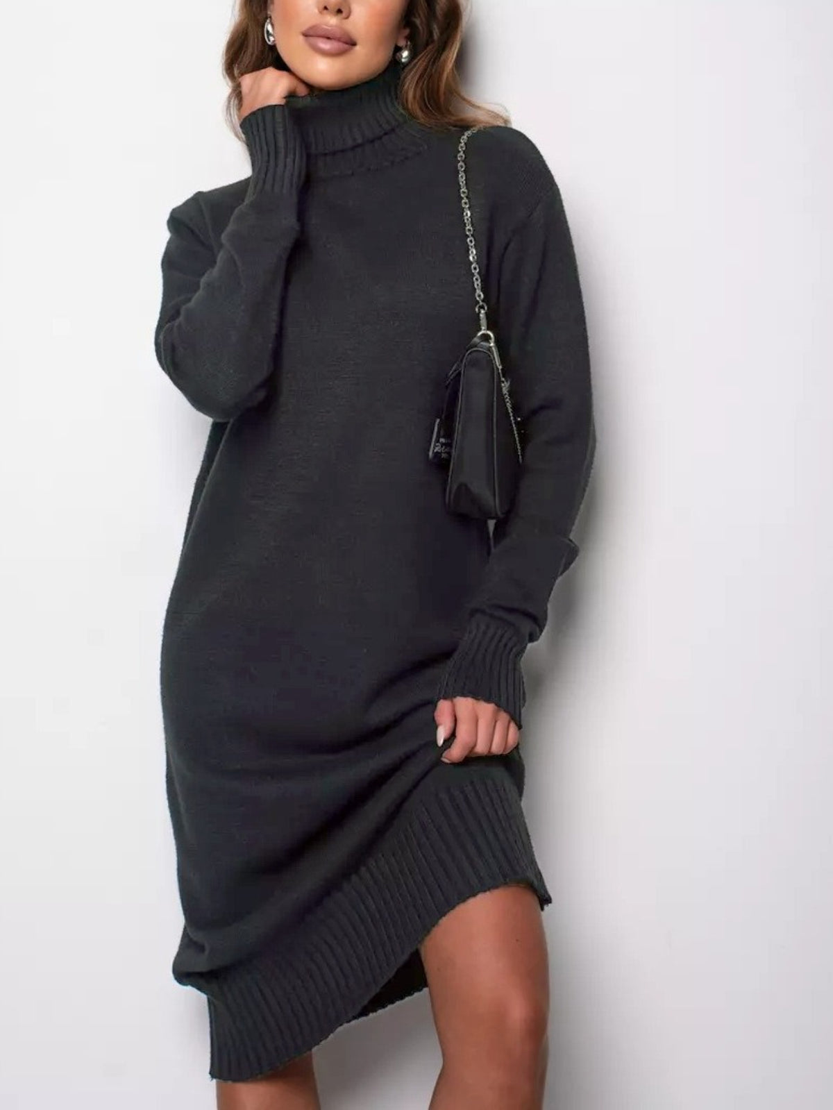 High Neck Dress Autumn and Winter New Loose Inner with Solid Color Thin Sweater Skirt, Winter Outfit, Seasonal Fashion, Elegant Design, Loose Fit, Cozy Material, Durable Construction, Women'S Dress, Long Sleeve Dress, Fashion