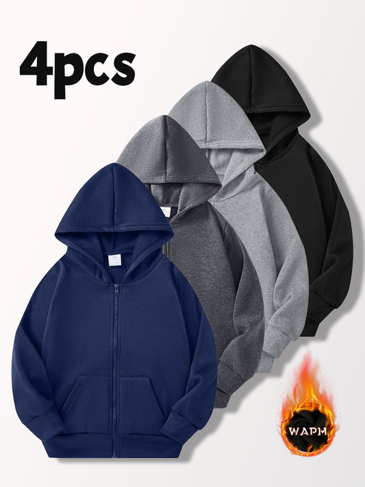 [4pcs Boys' Cardigan Jackets] 4pcs Boys' Light-Lined Zip-Up Hooded Cardigan Jackets | Multi-Color & Solid Color | Autumn & Spring, Stylish & Versatile for Outdoor Jogging