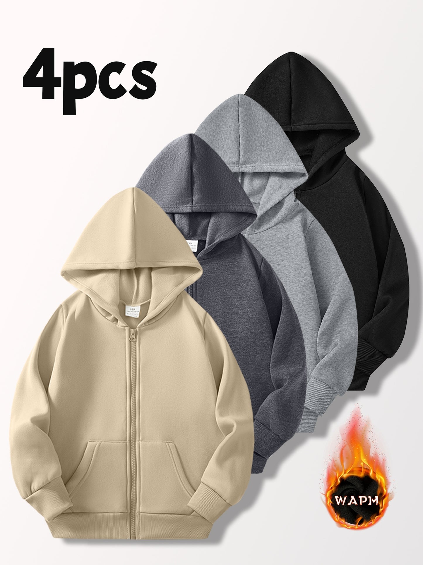 [4pcs Boys' Cardigan Jackets] 4pcs Boys' Light-Lined Zip-Up Hooded Cardigan Jackets | Multi-Color & Solid Color | Autumn & Spring, Stylish & Versatile for Outdoor Jogging