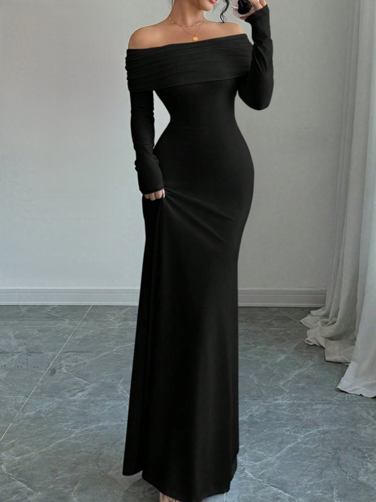 Backless Off-Shoulder Gown | Women'S Sexy Elegant Evening Dress, Long Sleeve, Solid Color, Perfect for Spring/Fall, by SCACTO