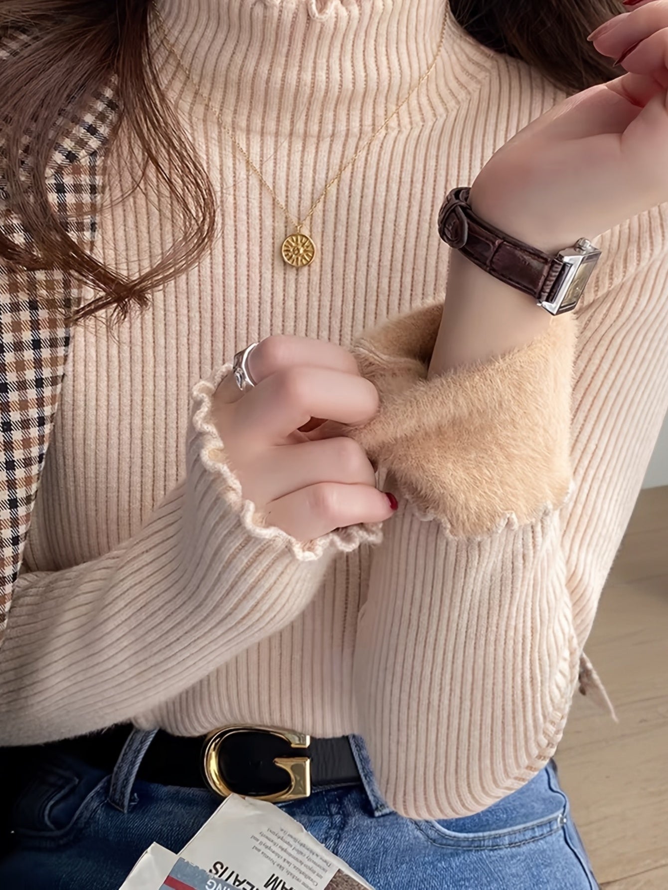 Solid Color Autumn Winter Early Spring Half High Neck Ruffle Fleece Lined Knit Sweater