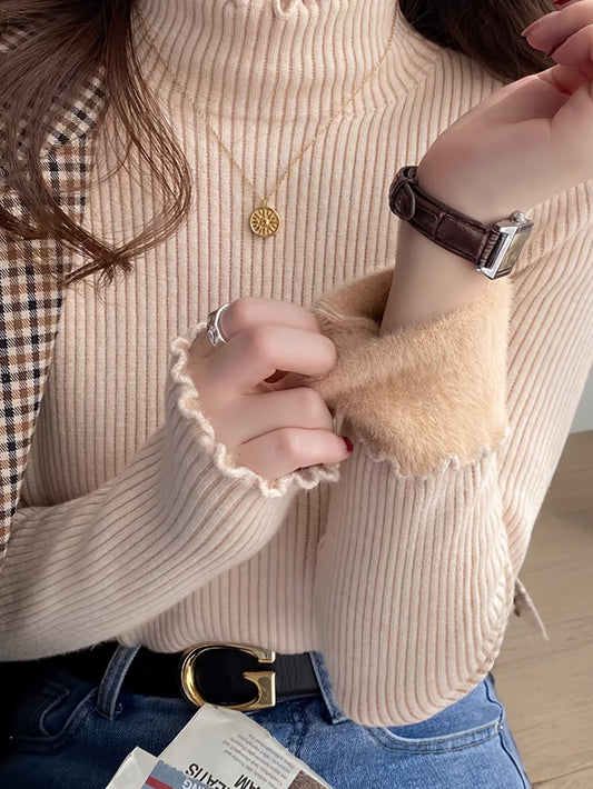 Solid Color Autumn Winter Early Spring Half High Neck Ruffle Fleece Lined Knit Sweater