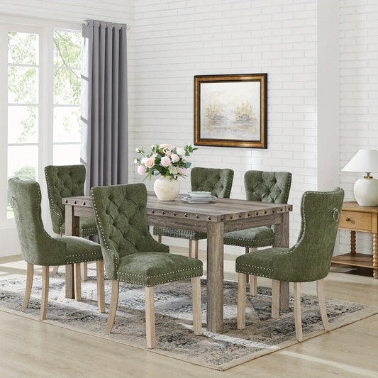 Dining Chairs Set Of 6, Upholstered High-Back Tufted Dining Room Chair with Nailhead Trim & Ring Pull, Solid Wood Legs, Luxury Modern Style for Kitchen, Green/White, Kitchen Chairs, Dining Chairs with Arms, Furniture for Home
