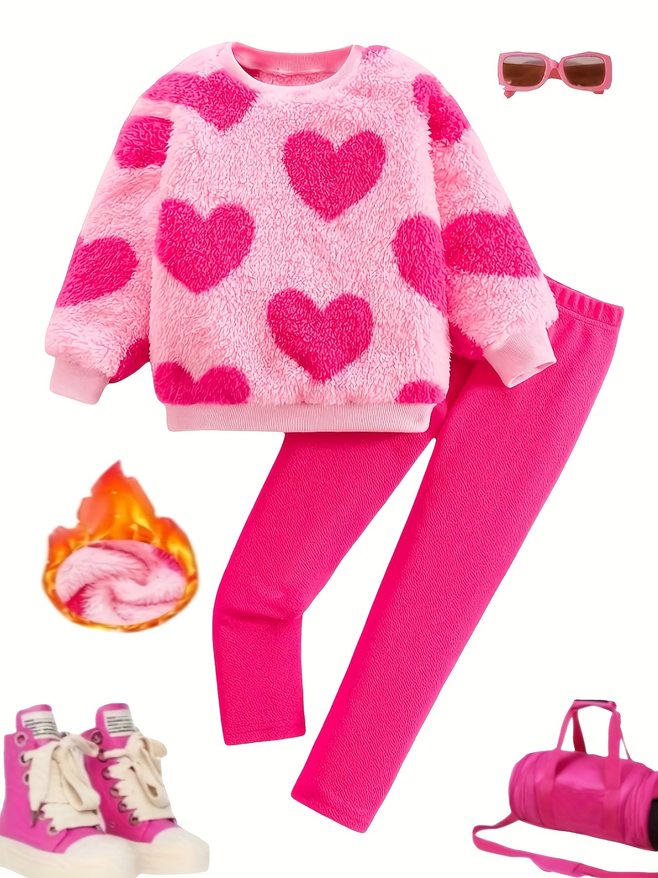 2pcs Girls' Cozy Fleece Sweatsuit Set - Soft Pink Heart Print Long Sleeve Pullover & Leggings, Machine Washable Autumn/Winter Clothes, Stretchy Winter Outfit with Heart Pattern, Round Neck Casual Playwear, for Outdoor, Knit,