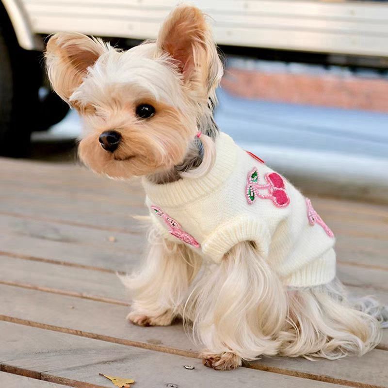 Cute Cherry Print Sweater for Small/Medium Dogs & Cats - Pink & White Pomeranian-like Pets, Maltese, Bichon Frise, Shih Tzu - Cozy Winter Outfit with Cherry Collar, Easy Pullover Dog Apparel