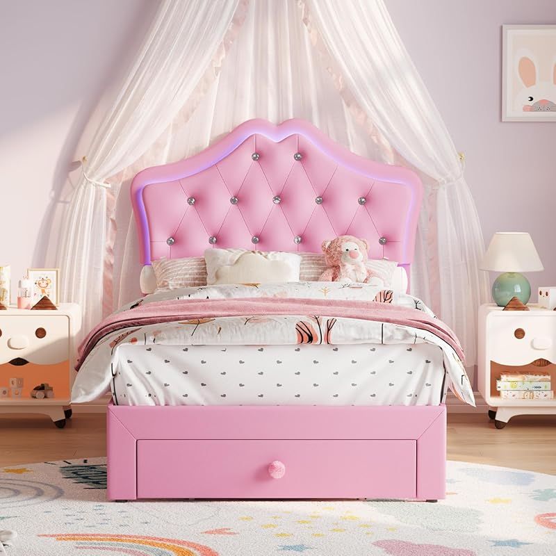 Twin-Size Single Bed Frame with Headboard & Storage Drawers - Modern Platform Bed with Upholstered Headboard, Easy Assembly, No Springs Needed