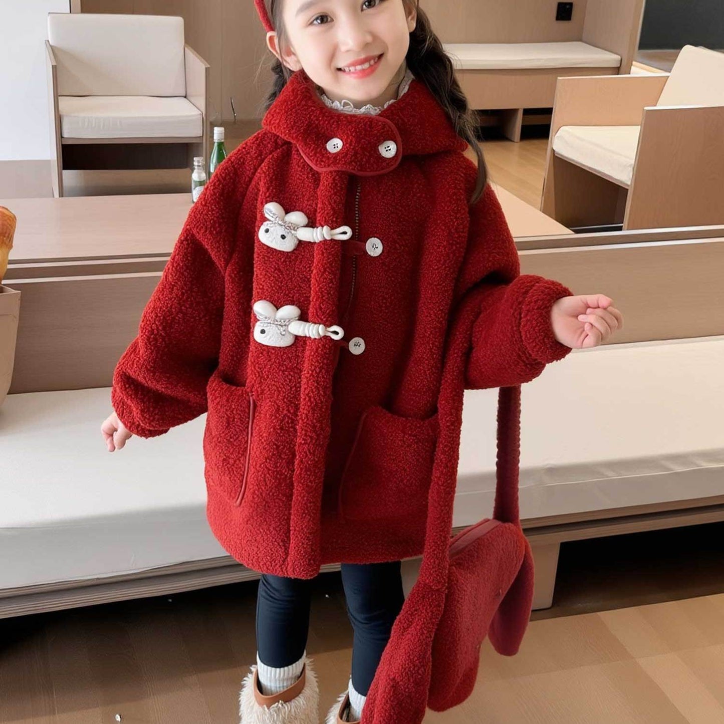 Girls' Luxury Plush Hooded Winter Coat - Thickened Warm Fleece-Like Insulation, Soft Loose-Fit Long Sleeve Jacket with Front Button Closure & Hood, Cozy Casual Outerwear for & Young Girls ( to Early Childhood) - Versatile for