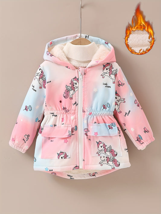[Girls' Winter Jacket] Girls' Winter Fleece-Lined Hooded Jacket with Unicorn & Butterfly Print - Pink to Blue Ombre Design, Warm & Cozy Outerwear for Toddlers, Machine Washable Polyester, Girls Jacket