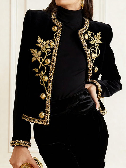 Plus Size, LEMONGOR Plus Size Outwear Golden Embroidered Christmas Holiday Trendy Jacket for Woman 2025 Velvet Original Creation New Long Sleeves Round-Neck Buttoned Fall Winter Vintage Oversize Coat for Women Party