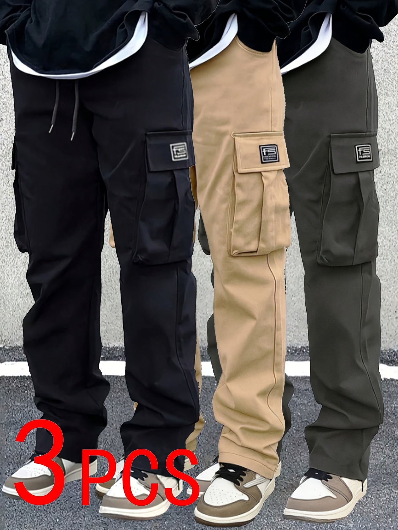 [Stylish | Versatile] 3pcs Stylish Versatile Men's Cargo Pants | Spring Autumn Outdoor Sports Straight-Leg Casual Long | Street Retro American Trendy Trousers
