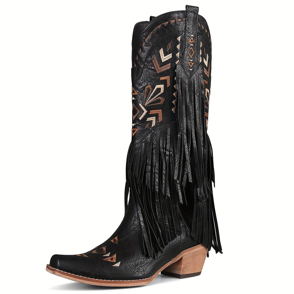 Women'S Block Heel Knee-High Boots | PU Fabric Square-Toe Slip-On Lady'S Boots, Rubber Sole Black Western-Style Casual Shoes, Elegant Dress Style for Spring