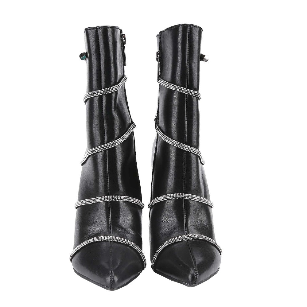 Crystal-Studded Heel Pointy Ankle Boots for Women