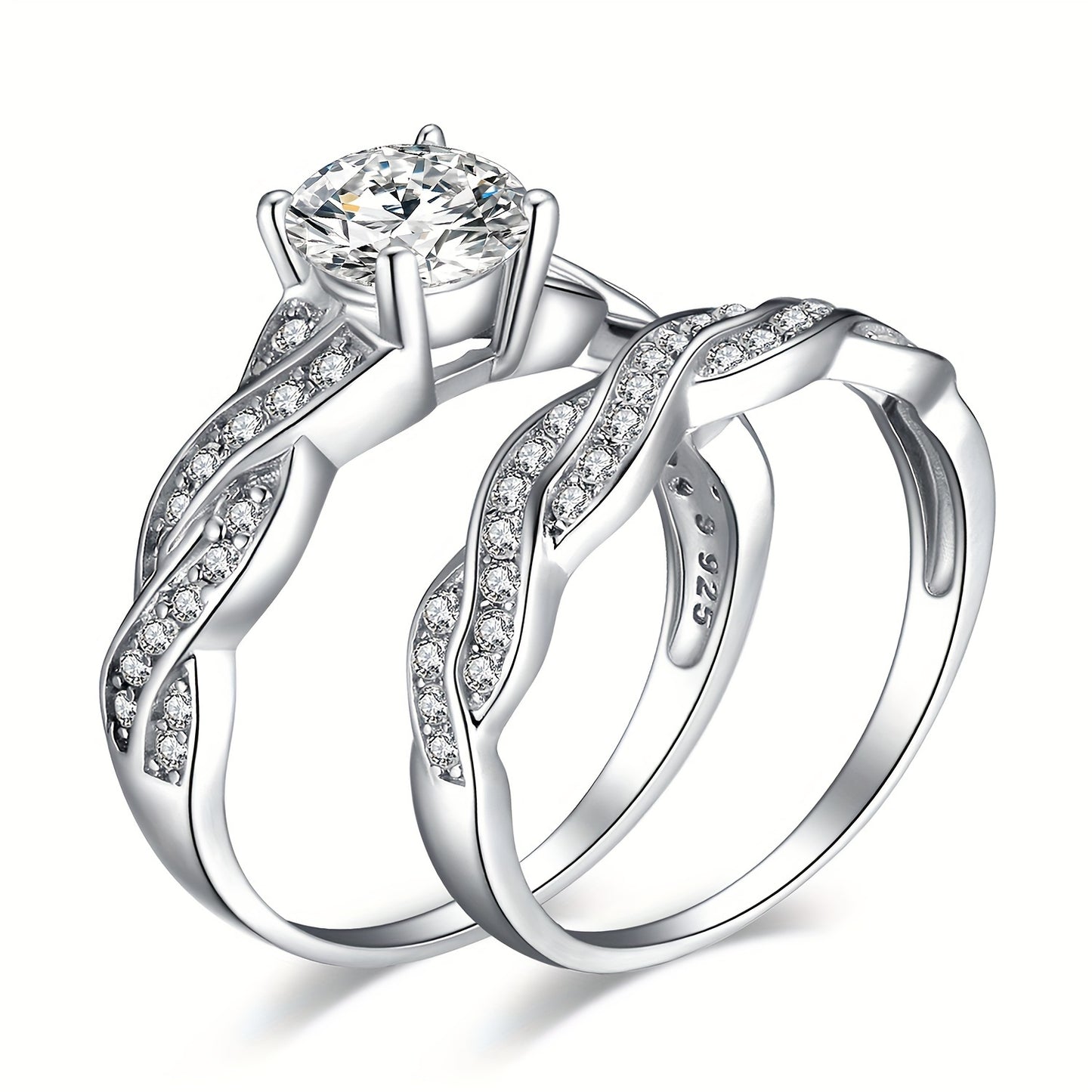 2pcs/set 925 Sterling Silver Classic And Elegant Infinity Knot Design Round Cut Cubic Zirconia Decor Silvery Wedding Engagement Ring For Woman Bridal Set Ring Band Stackable Fine Jewelry