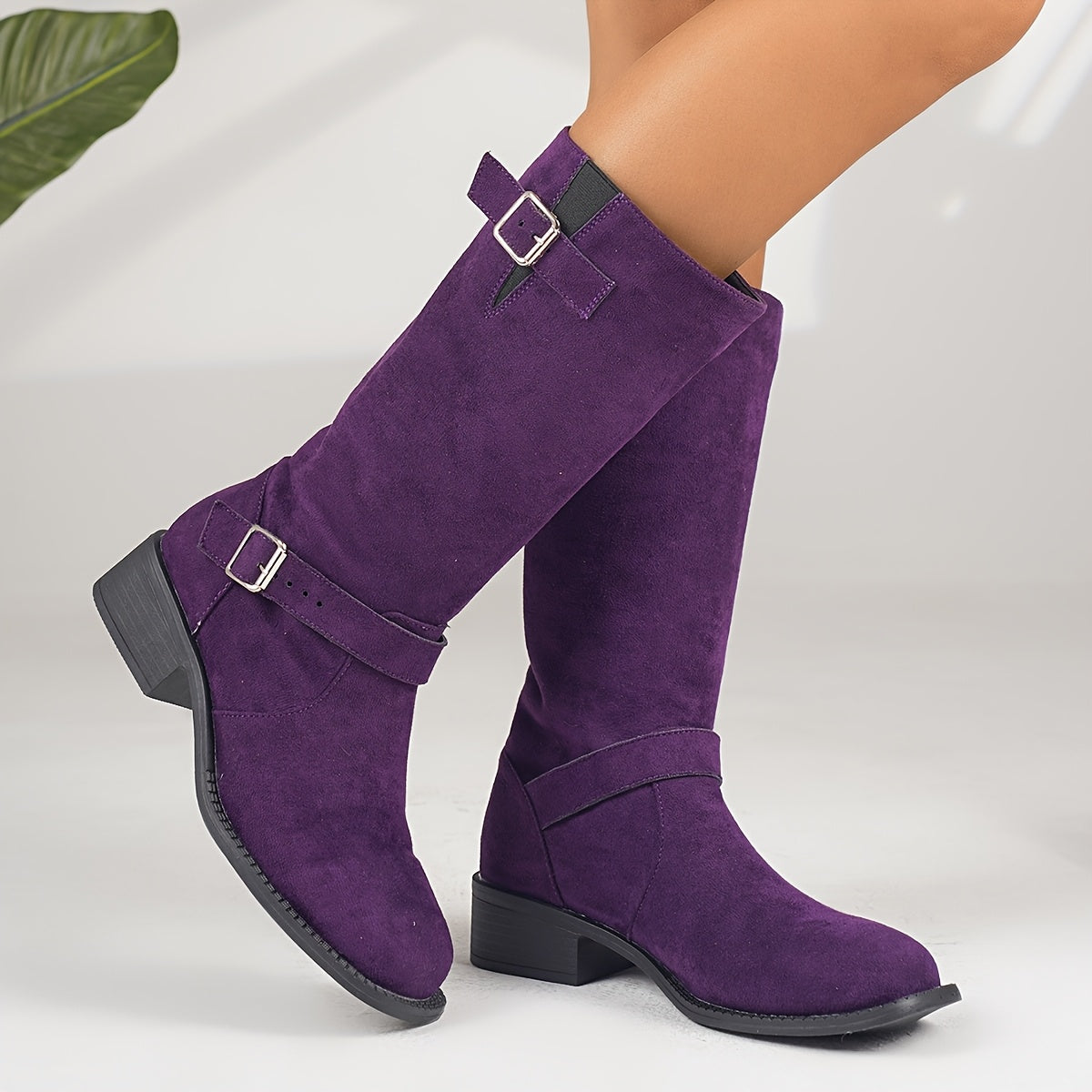 Women'S Plus Size Suede Mid Calf Boots - Square Toe Chunky Heel with Buckle Strap, Faux Fur Upper & Fabric Lining, Comfortable Slip-On Design for Casual & Formal Outfits, Everyday Footwear, Chic Midboot, Durable Rubber Sole