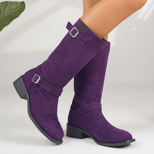 Women'S Plus Size Suede Mid Calf Boots - Square Toe Chunky Heel with Buckle Strap, Faux Fur Upper & Fabric Lining, Comfortable Slip-On Design for Casual & Formal Outfits, Everyday Footwear, Chic Midboot, Durable Rubber Sole