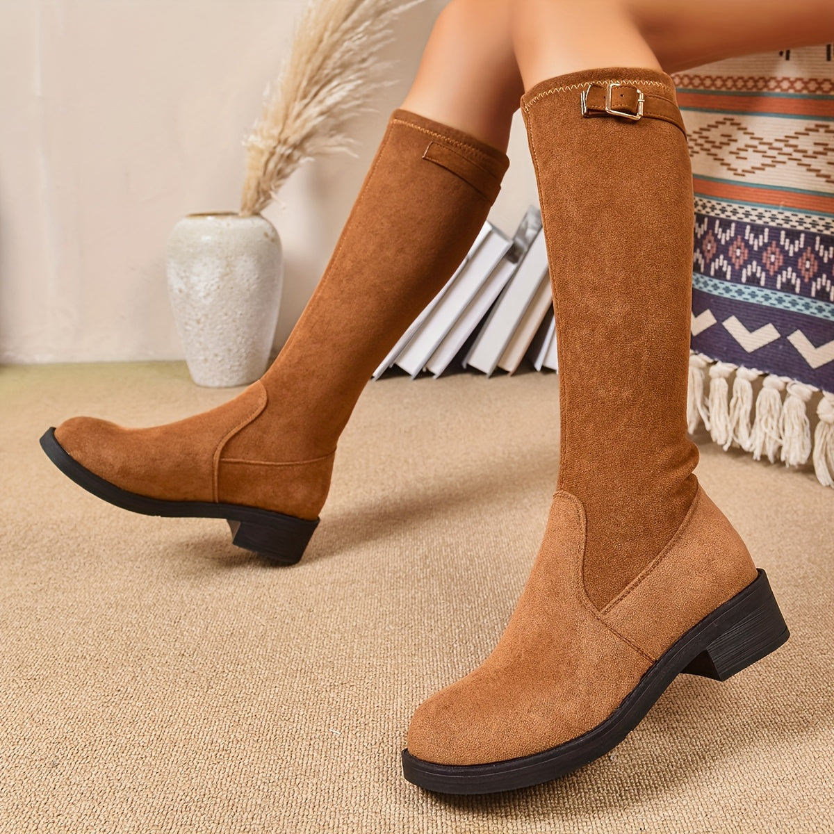 Women'S Elegant Cover-Like Round Toe Knee-High Boots with Buckle Strap & Thick Low Heel - All-Season Slip-Resistant Rubber Sole, Comfortable Round-Toe Design for Casual & Formal Outfits - Plus Size Available (Hand Washable Fa