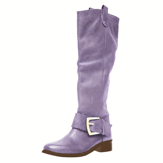 Women's Western Cowboy Boots - Chunky Low Block Heel Pull-On Knee-High Boots with PU Round Toe & Rubber Sole, Wide Widths (Size 11/12/13) - Cowgirl Riding Boots for Weddings, Rodeo, Casual Outfits -
