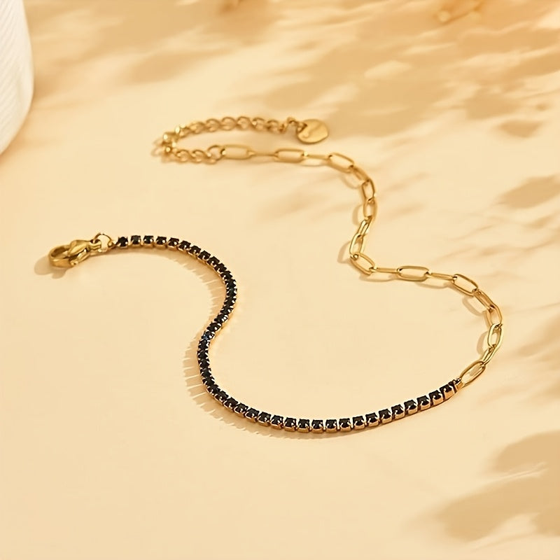 925 Sterling Silvery 18k Golden Plated Half Moissanite Half Paperclip Bracelet, Fashionable And Simple, Adjustable Bracelet, Unisex, Creative, Sparkling, Fashionable, Trendy, And Avant-garde, A Versatile Jewelry Set, Perfect