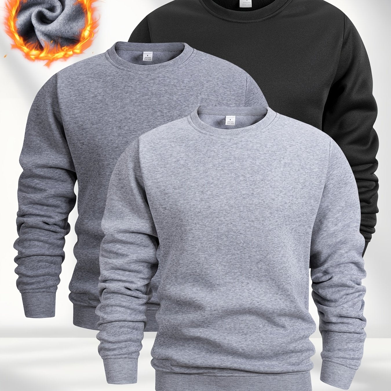 [Three Fleece Pullovers] A Set of Three Men's Solid Color Fleece Crew Neck Casual Pullovers, Featuring a Easy And Stylish Design with Slight Stretch, Suitable for Autumn And Winter. They Are Machine Washable And Can Be Worn L