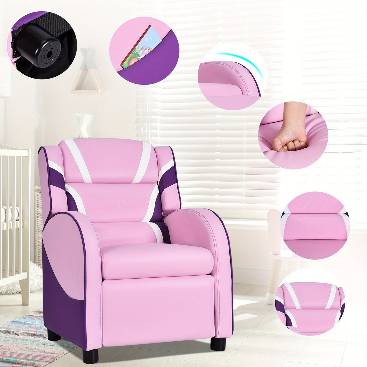 COSTWAY Ergonomic Kids Recliner Chair with Adjustable Backrest (90°-150°) & Storage Pockets, Solid Wood Frame & Faux Leather, Soft Headrest & Armrests, Non-Slip Feet, Modern Pink Armchair for Girls Ages 3-12, Supports 155 l