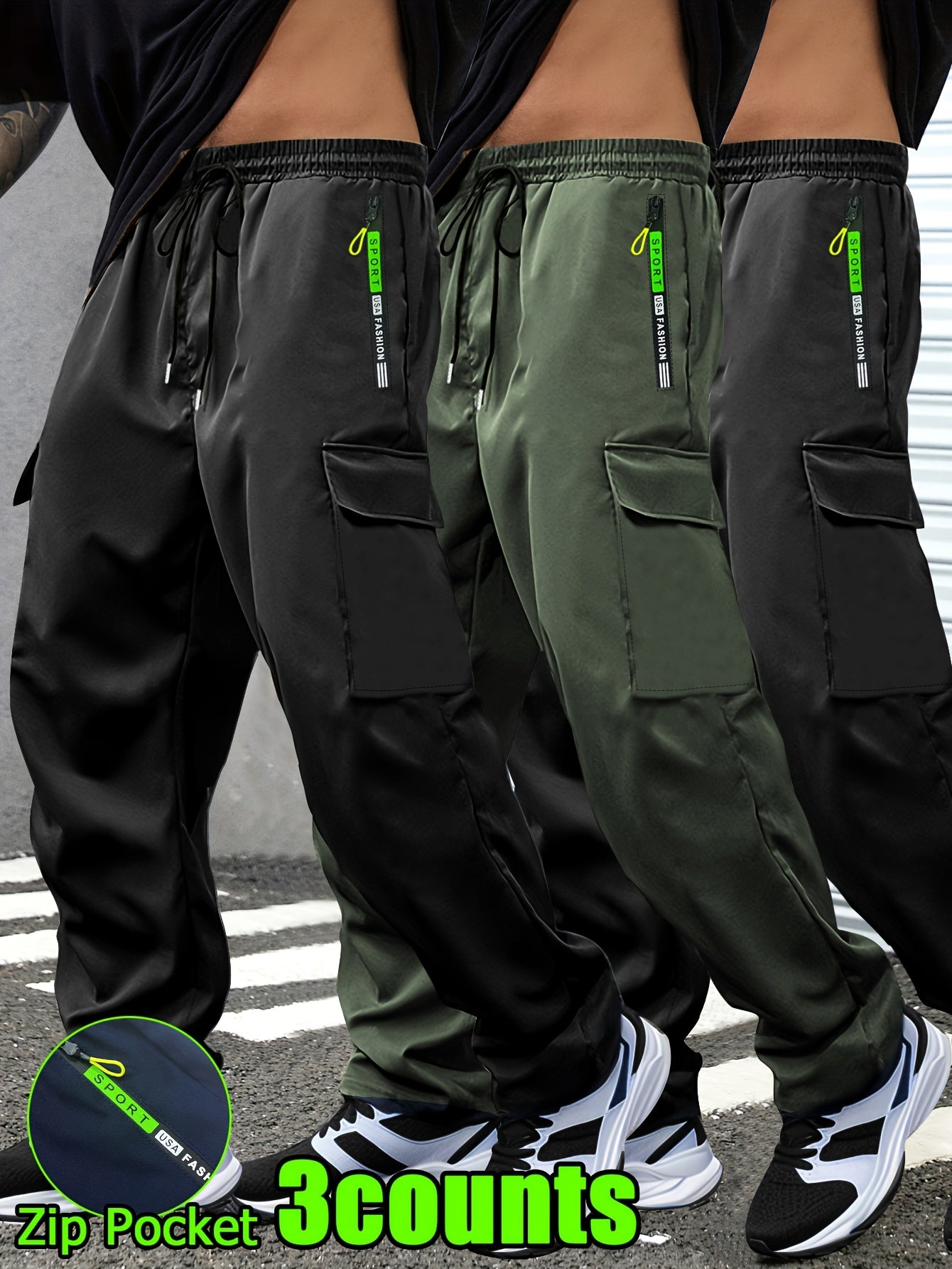 3-Pack of Men'S Thin Work Pants with Drawstring Elastic Waistband, Zipper Pockets, Large Patch Pockets, Comfortable And Breathable, Suitable for Outdoor Daily Leisure