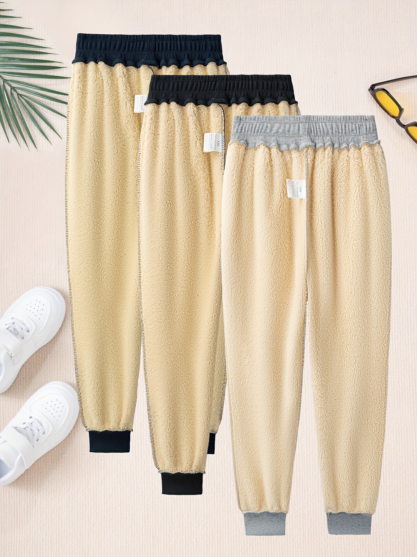 Classic Zipper Pocket Design, Boys' 3pcs Casual Comfortable Elastic Waist Loose Warm Fleece-Lined Joggers for Daily Wear, Outdoor and Sports, Kids' Autumn/Winter Pants (Accessories Not Included), Perfect for Outdoor, Boy Pant