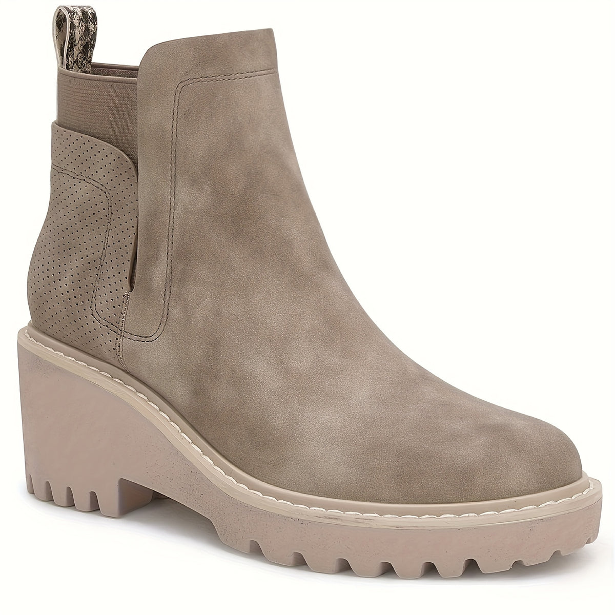 Women's Chunky Heel Boots - Slip-On Ankle High, Non-Slip Cover Cover, Thick Sole, Round Toe, Beige, Fashionable Short Boots for Casual Attire, Semiformal Boots | Modern Boots | Suedelike Boots