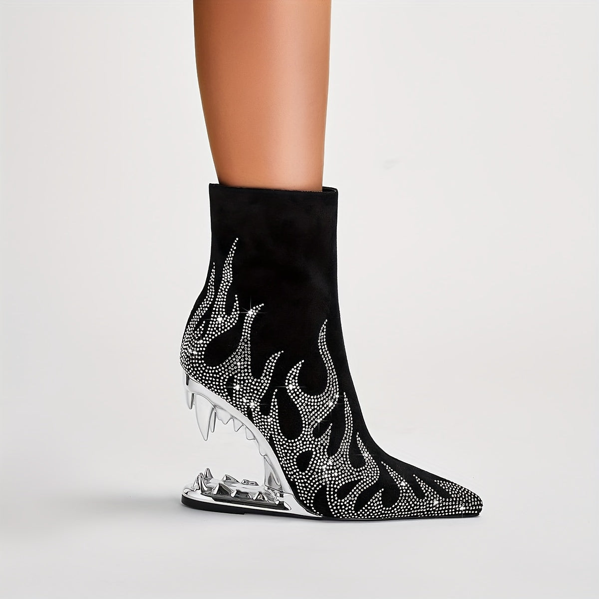 Women's Rhinestone Novelty Teeth Sculptural Heeled, Glitter Flame Short Slim Boots, Dance Party Boots