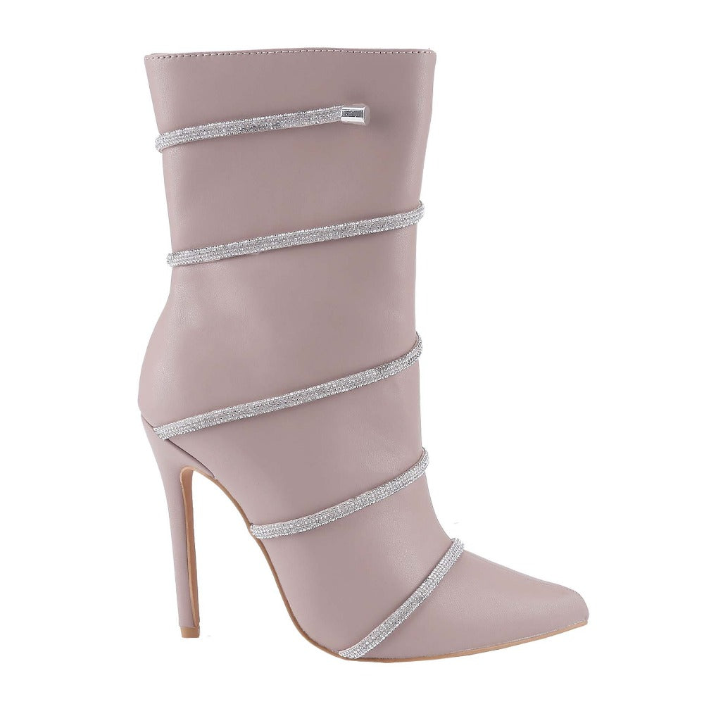 Crystal-Studded Heel Pointy Ankle Boots for Women