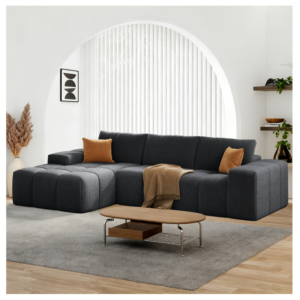 L-shaped Multi-functional Sofa Bed, Modern Fabric Sofa, Extra-large Frameless Living Room Sofa, Modern Minimalist Style with Ergonomic Design, No Assembly Required, Deep Seat Design with 3 Throw Pillows, Soft Fabric Finish (m