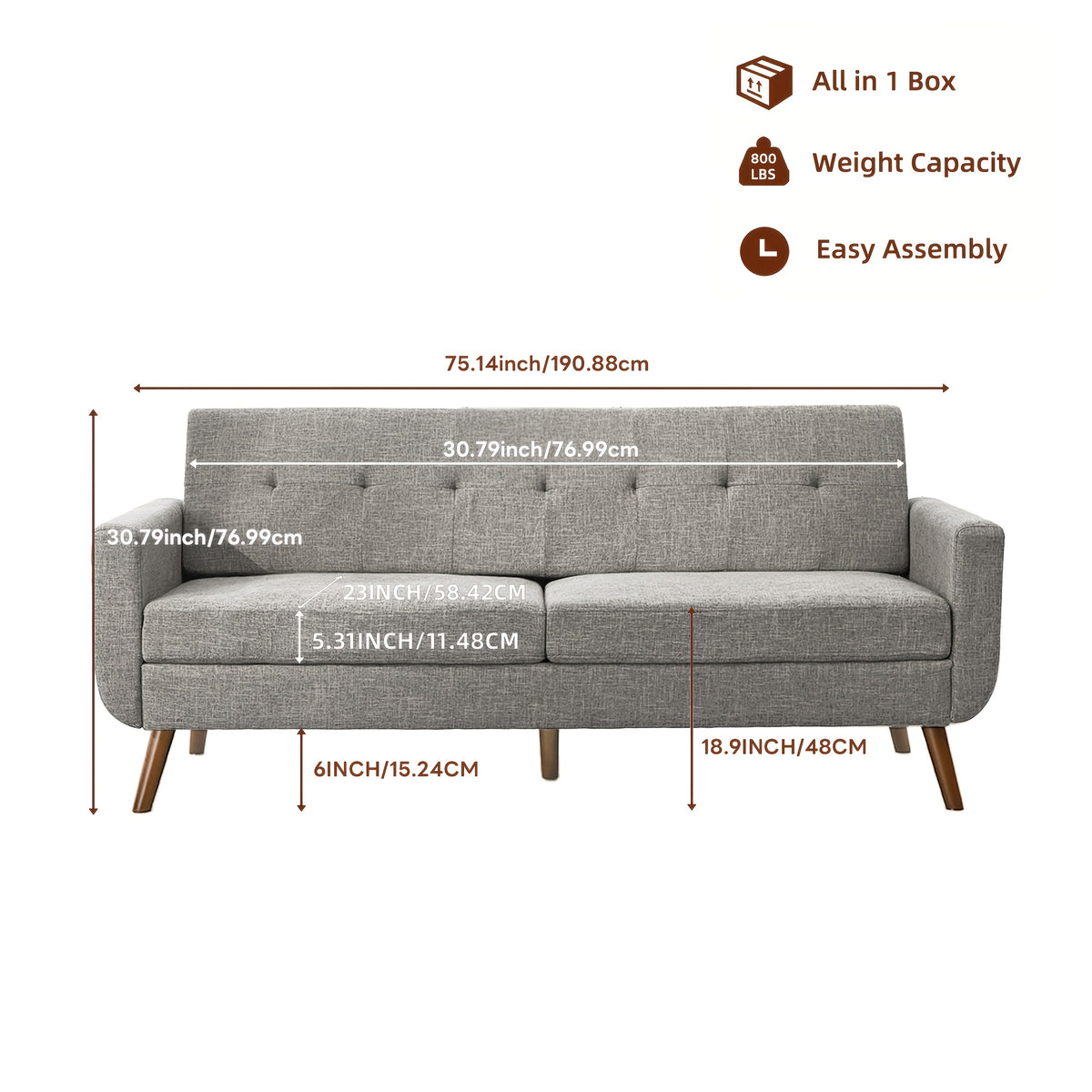 77in Living Room Sofa, Recliner Sofa, Living Room Mid Century Modern Decorative Couples Seat Sofa, Bedroom Button Tufted Upholstered Small Sectional, Sturdy And Easy to Install Couples Seat Furniture