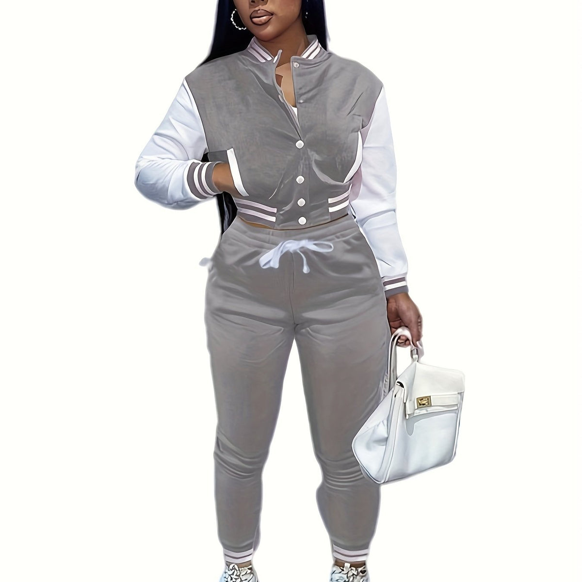 European And Trendy Women'S Patchwork Jacket with Single-Breasted Baseball Suit, a Two-Piece Outfit