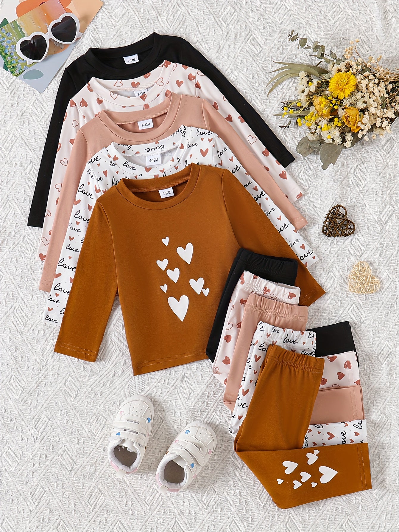 10pcs Baby Girls' Casual Long Sleeve & Pants Set - Cute & Heart Print, Soft Stretchy Fabric, Loose Fit, Spring/Fall Outdoor Playwear, Perfect for Daily Wear, for Outdoor