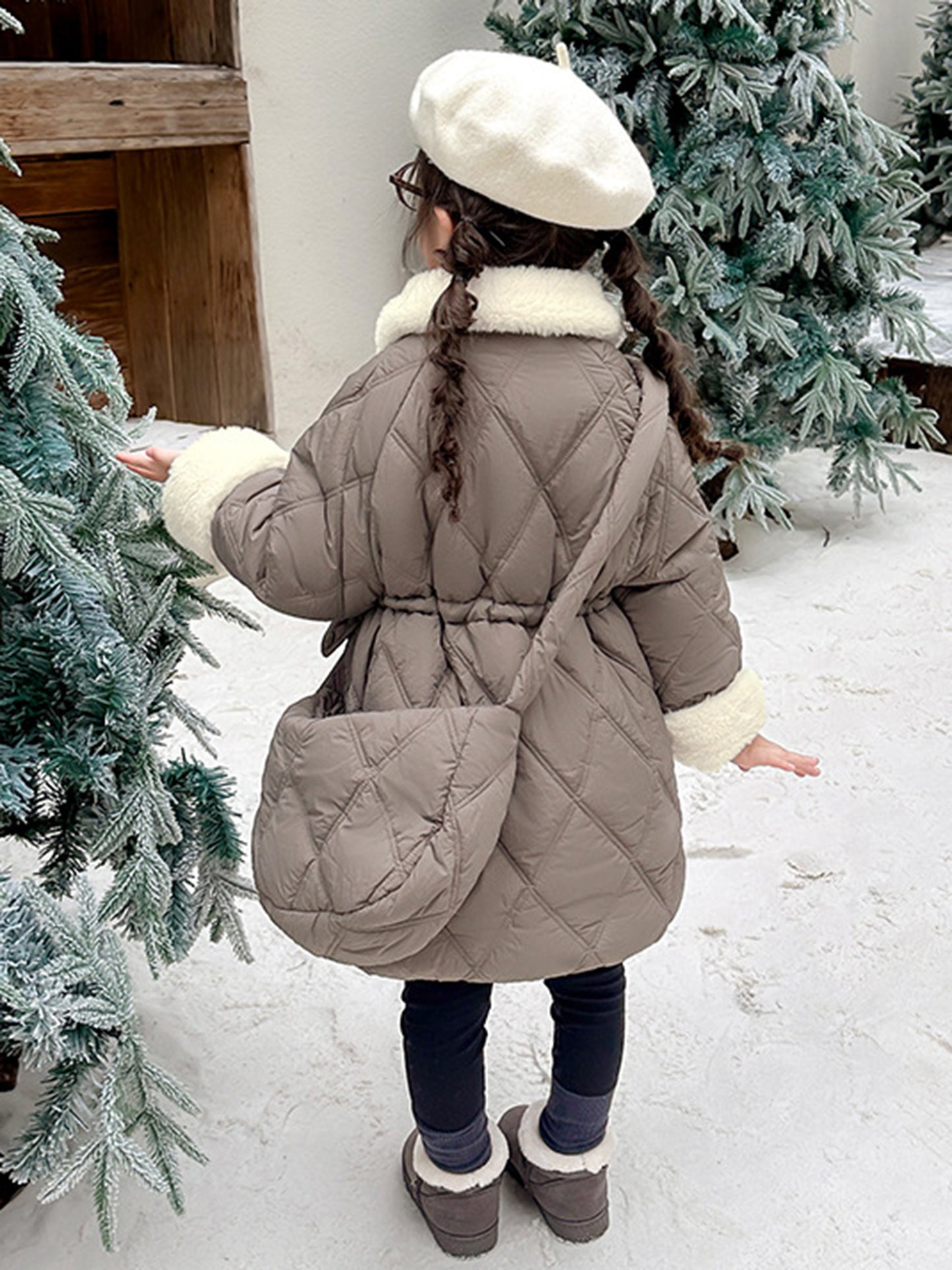 2pcs Girls' Winter Warmth Fleece-Lined Windbreaker Coat & Matching Bag Set - Thickened Cold Weather Jacket with Zipper Closure, Cozy Casual Style