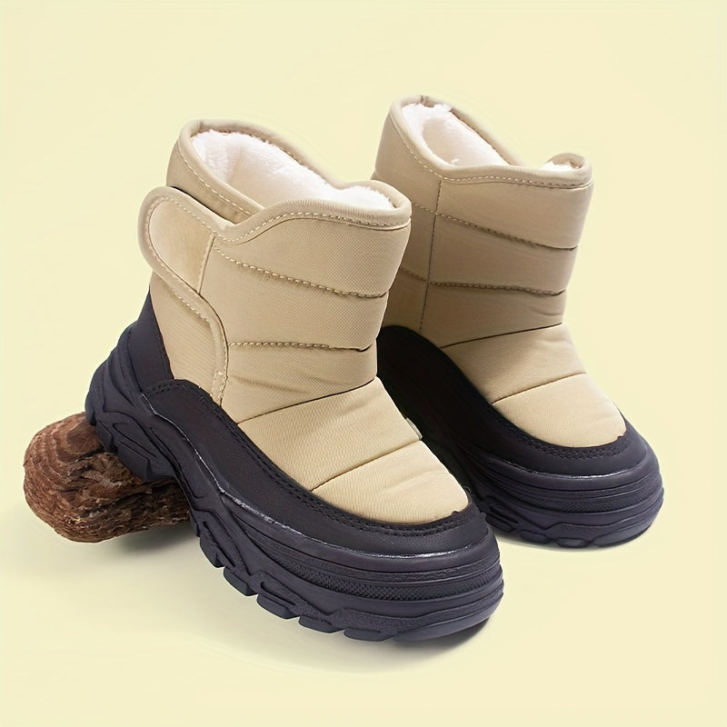 [Boys' Winter Snow Boots] Winter Boys' Solid Color Warm Plush Lined Slip-On Snow Boots | Low Top Fabric Upper, Round Toe, TPR Sole, Adjustable Strap Closure, for Fall/Winter Outdoor, Ages 14 and Under, Bullock Pattern