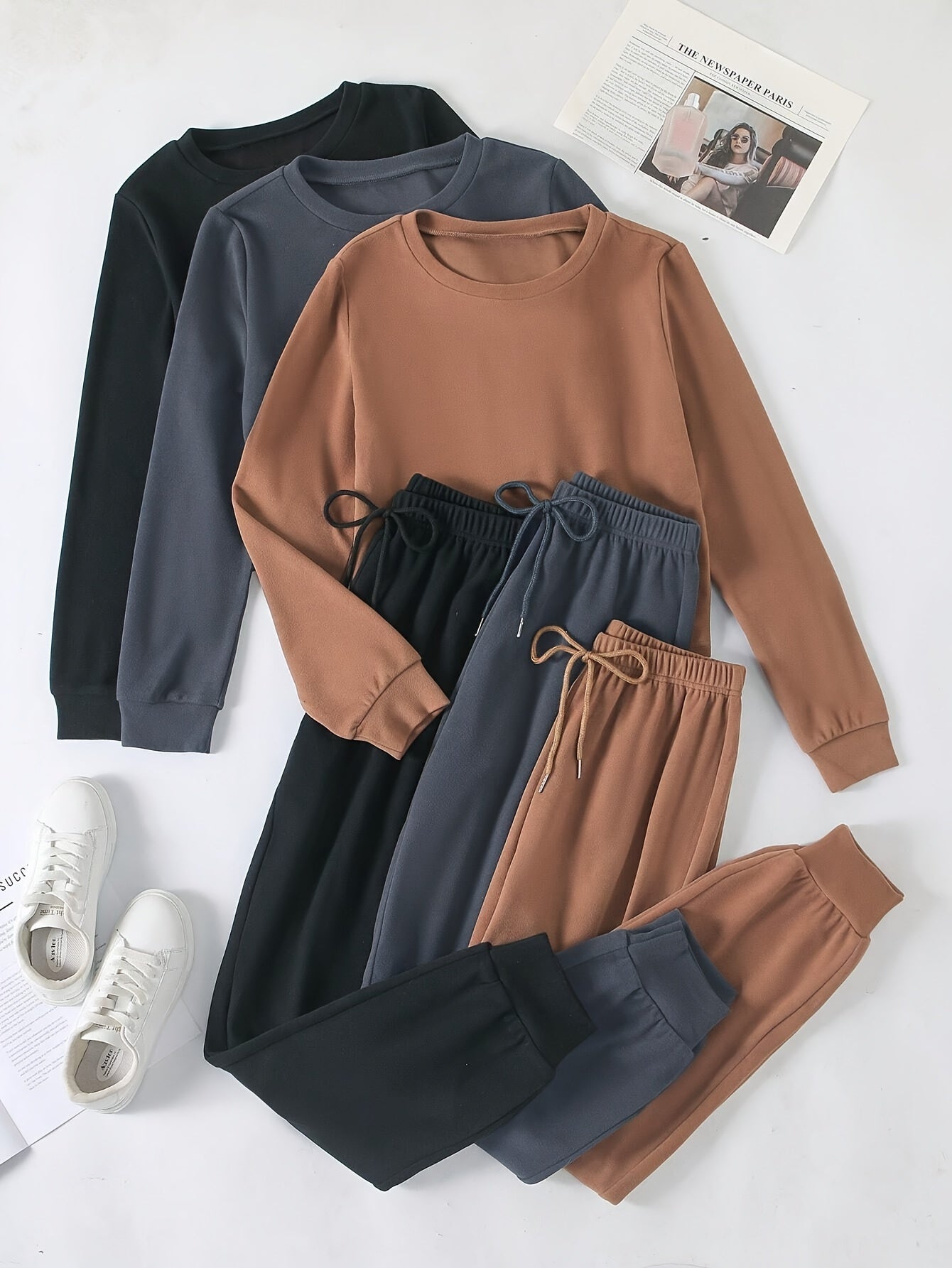 6pcs Set • Solid-color Women's Long-sleeve and Long-pants • Made of Velvet Fabric