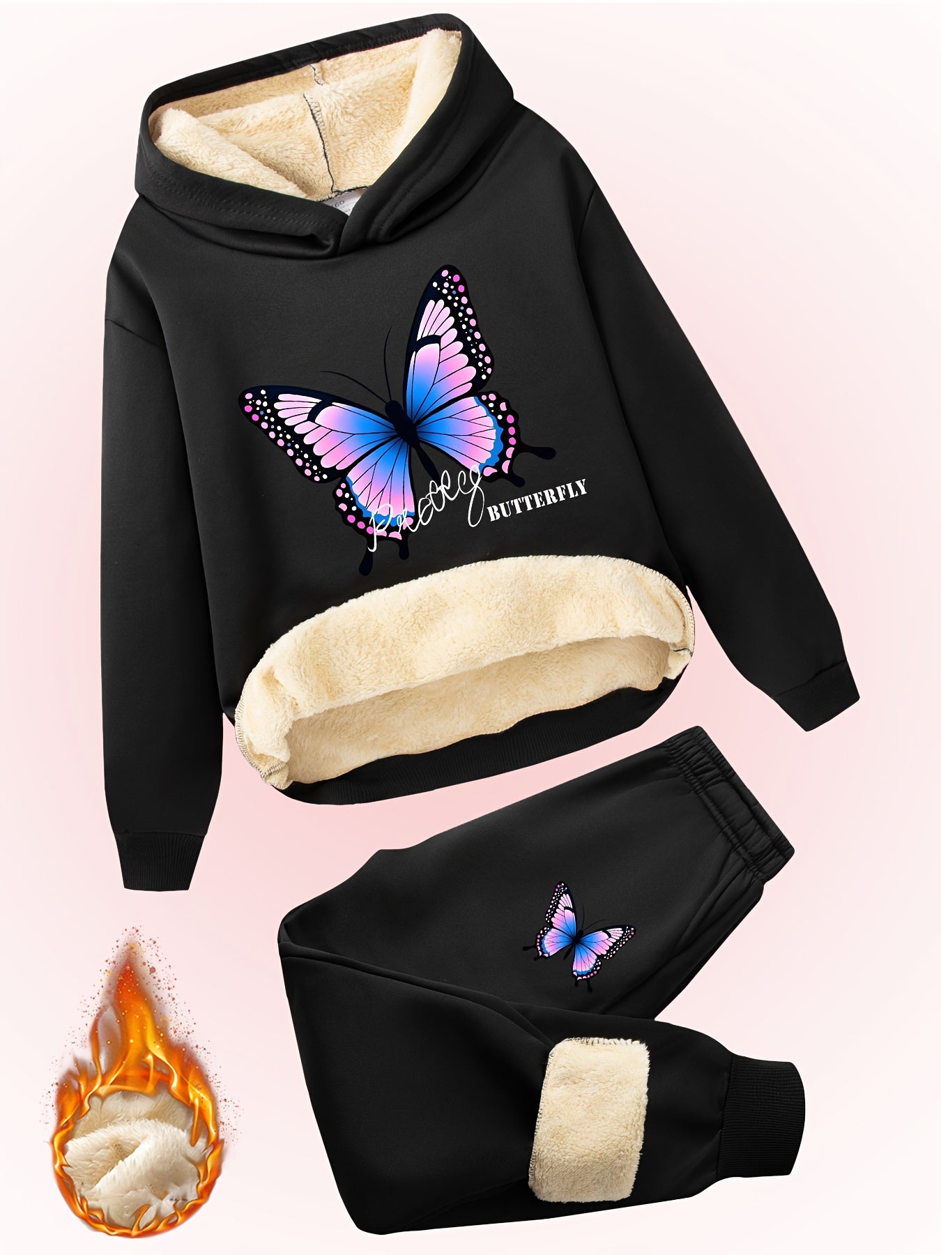 2pcs Girls' Butterfly Print Fashionable Versatile Hoodie + Pants Set, Winter Plush Lined Warm Comfort Casual Outfit for Daily and Outdoor Activities, Perfect for Outdoor
